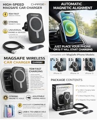 Alternative view of Charge+ MagSafe Araç İçi Kablosuz Şarj Cihazı 15W Hızlı Şarj Manyetik Telefon Tutucu USB-C Uyumlu 15 14 13 12