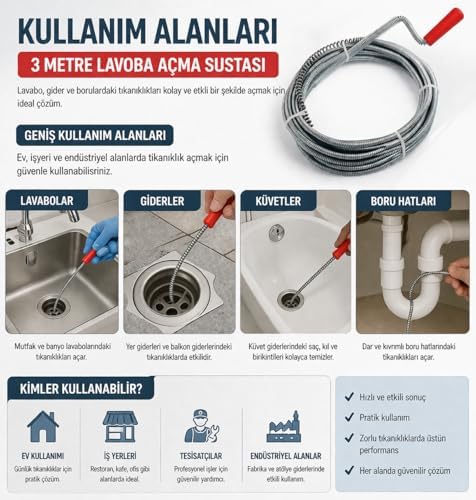 Alternative view of 3 Metre Profesyonel Lavabo Açma Sustası, Güçlü Çelik Spiral Gider Açıcı, Esnek ve Dayanıklı Tıkanıklık Açma Aparatı, Lavabo Küvet Banyo ve Boru Hatları İçin Pratik Temizleme Çözümü, Kolay Kullanım Uz