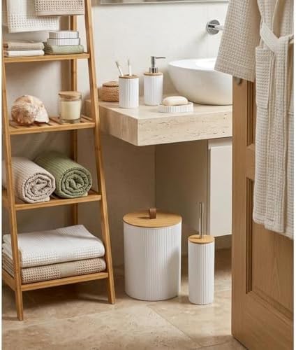 5 Parça Yuvarlak Banyo Seti, Bambu Kapaklı, Beyaz, Hacim: 7 litre
