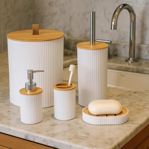 Alternative view of 5 Parça Yuvarlak Banyo Seti, Bambu Kapaklı, Beyaz, Hacim: 7 litre