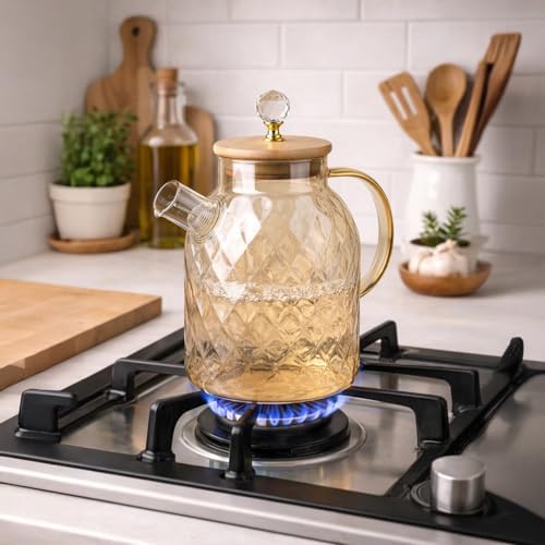 1600 ML Kristal Desenli Dayanıklı Cam Demlik - Ahşap Kapaklı, Detaylı Büyük Boy Borosilikat Çaydanlık