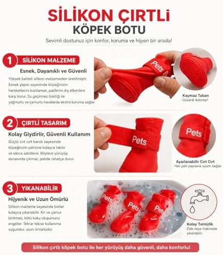 Alternative view of Köpek Ayakkabısı 4’lü Set Su Geçirmez Kaymaz Tabanlı Köpek Botu Küçük Orta Irk Köpekler İçin Koruyucu Patik Yağmur Kar Çamur İçin Dayanıklı Evcil Hayvan Ayakkabısı Kırmızı (Small)