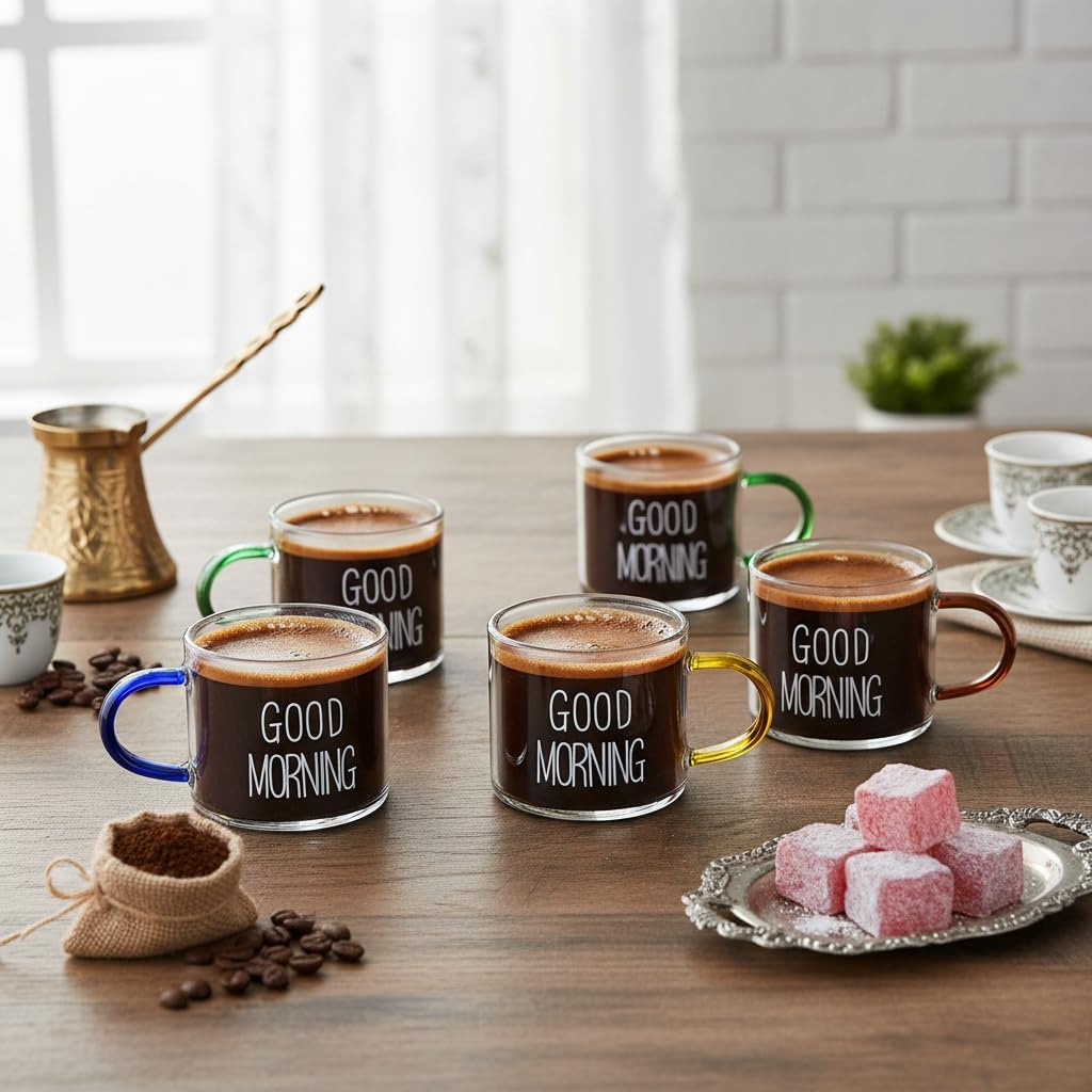 Alternative view of 6'lı Borosilikat Cam Espresso ve Türk Kahvesi Fincanı Seti (90 ml) - Düz ve Rölyefli Seçenekli Tabaksız Mini Kupa (Düz)