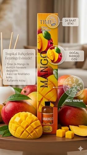 Time 24 Mango Oda Kokusu 55 ml - Dekoratif Cam Şişe Bambu Çubuklu Oda Parfümü - Meyve Esintili Uzun Süreli Ev ve Ofis Kokusu