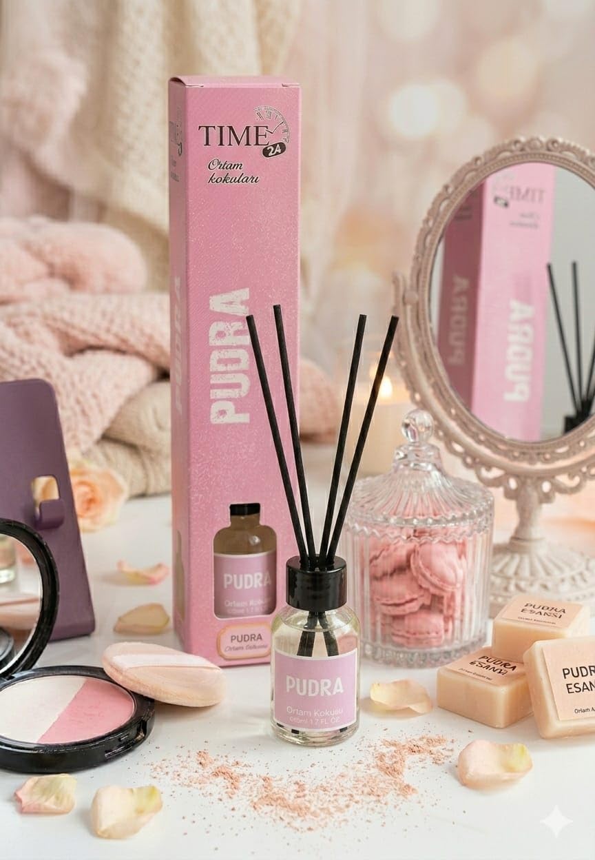 Time 24 Pudra Oda Kokusu 55 ml - Dekoratif Cam Şişe Bambu Çubuklu Oda Parfümü - Bebek Saflığı ve Temizlik Esintili Uzun Süreli Ev ve Ofis Kokusu