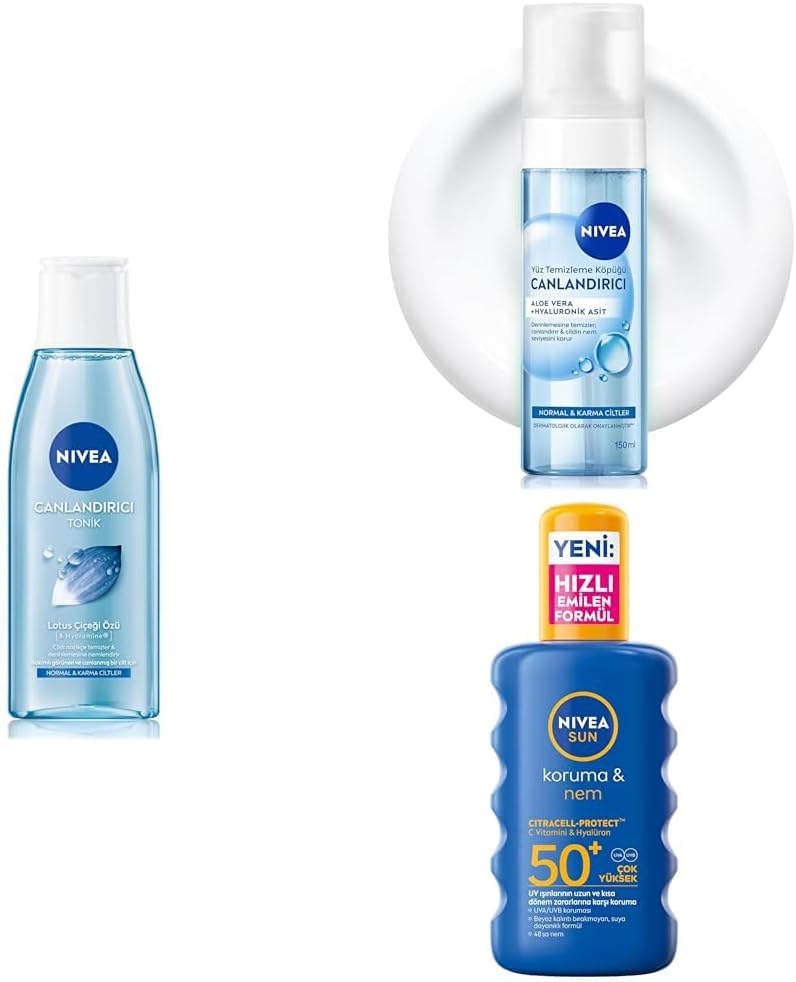 SUN SPF50 Güneş Koruyucu Vücut Spreyi 200ml, Yüz Temizleme Köpüğü 150ml, Canlandırıcı Tonik 200ml
