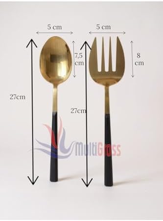 Büyük Boy Çelik Servis Kaşığı Servis Çatalı 27 cm 2Li Set, Altın