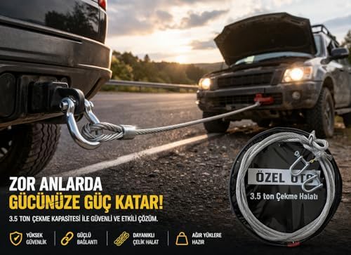 3.5 Ton Çelik Çekme Halatı, Ağır Hizmet Oto Kurtarma Halatı, Yüksek Mukavemetli Çelik Halat, Galvaniz Kaplama Paslanmaz Yapı, Güçlü Şakıllı Bağlantı, Off-Road ve Zorlu Arazi Kullanımı, Güvenli ve Daya