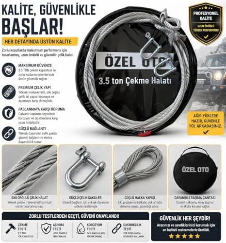 Alternative view of 3.5 Ton Çelik Çekme Halatı, Ağır Hizmet Oto Kurtarma Halatı, Yüksek Mukavemetli Çelik Halat, Galvaniz Kaplama Paslanmaz Yapı, Güçlü Şakıllı Bağlantı, Off-Road ve Zorlu Arazi Kullanımı, Güvenli ve Daya