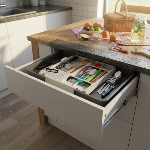 Çekmece İçi Sürgülü Çatal Kaşık ve Bıçaklık Organizeri - Genişleyebilir Modüler Mutfak Düzenleyici (Açık 55 cm, Kapalı 34 cm) - Açık Gri ve Renk