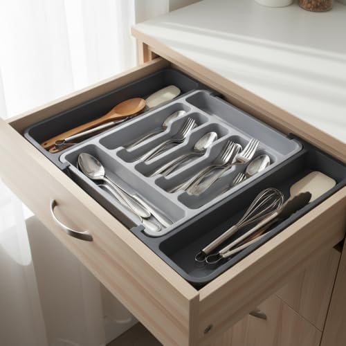 Çift Taraflı Açılır Çekmece İçi Kaşıklık ve Organizer - Modüler Sürgülü Mutfak Düzenleyici - Açık Gri ve Renk - Kapalı 31 cm Açık 52 cm