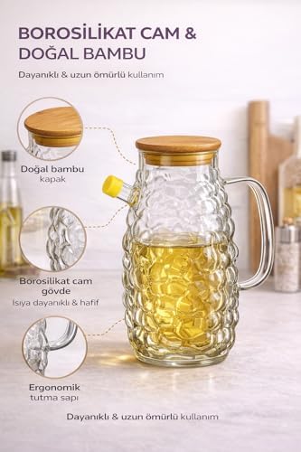 Cam Yağdanlık, 1000 ml-1LT, Sızdırmaz, Bambu Kapak