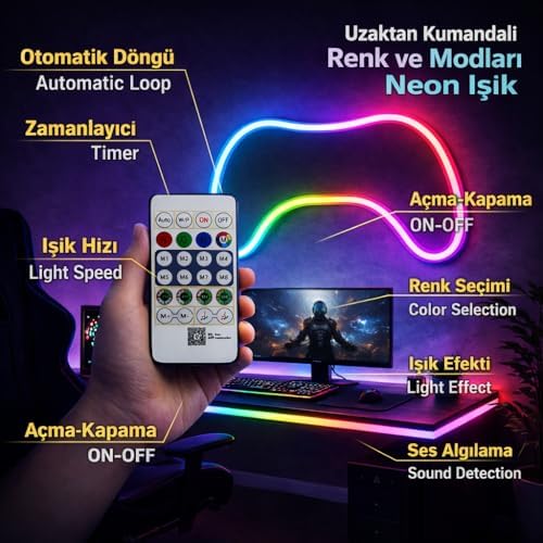 Alternative view of RGB Akıllı Neon LED Set 5 Metre – 7W USB Girişli, Mobil Uygulama ve Kumanda Kontrollü, Müzik Senkronlu, IP65 Su Geçirmez, Kişiselleştirilebilir Renk Efektli, Oyuncu Odası Dekoratif Aydınlatma