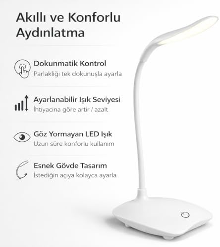 Dokunmatik LED Masa Lambası Şarjlı Ayarlanabilir Işık Göz Yormayan Esnek Gövde Modern Beyaz Masa Lambası