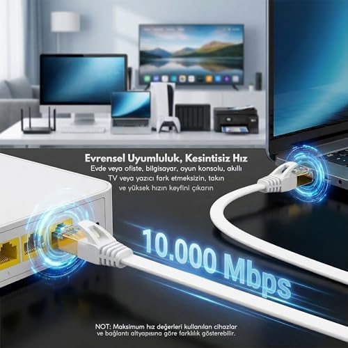 Alternative view of CAT7 Ethernet Kablosu (10 METRE) - 10Gbps’ye Kadar Veri Aktarımı - Fabrikasyon Konnektörlü - Yassı Flat Tasarım - 600MHz - Beyaz