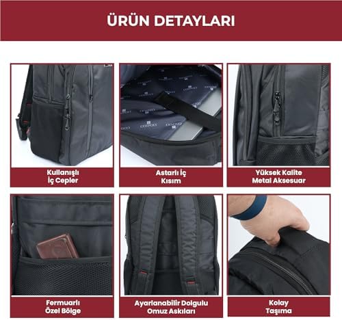 15.6 İnç Laptop Sırt Çantası, 7 Bölmeli Su Geçirmez Darbe Korumalı Notebook ve Bilgisayar Taşıma Çantası