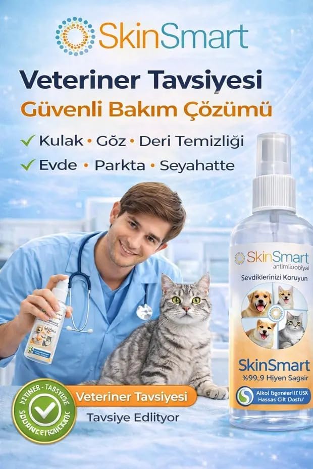 SkinSmart Kedi ve Köpek Kulak, Göz ve Deri Temizleme Spreyi, Antiseptik Bakım Solüsyonu, Alkolsüz, 1000 ML