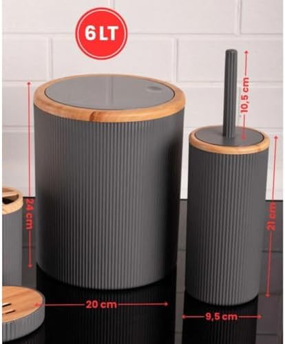 Alternative view of 5 Parçalı Banyo Seti, Bambu Görünümlü Plastik, Gri, Tuvalet Fırçası ve Çöp Kovası Dahil
