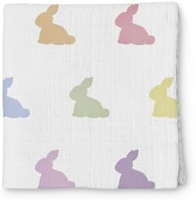 DEUX LAPINS%100 Pamuk Müslin Bebek Örtüsü, Çok Renkli Tavşan Desenli, 100x100 cm, Lapin