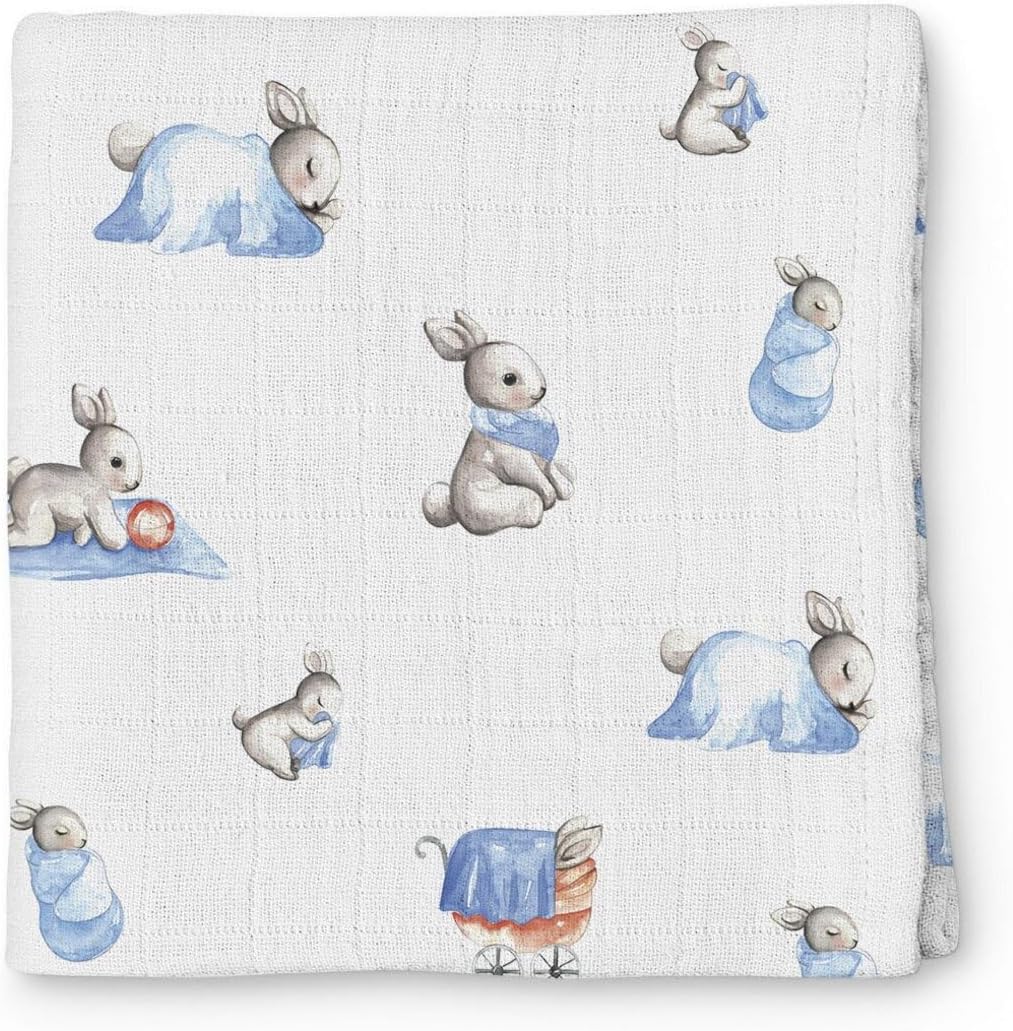 Alternative view of Müslin Bebek Örtüsü,%100 Pamuk, Bébé Lapin Desenli, Beyaz Mavi, 120x120 cm