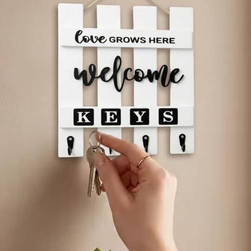 Ahşap Anahtar Askılığı, Beyaz, Duvar Montajlı, Farmhouse Tarzı, ' Grows Here Welcome' Yazılı, 4 Kancalı