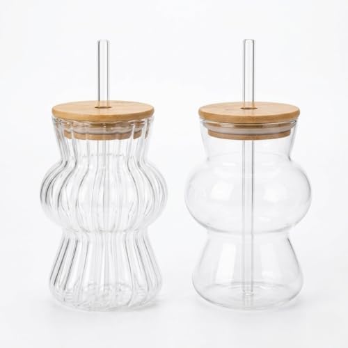 Alternative view of İkili Cam Soğuk Kahve Bardağı 2’li Set – Bambu Kapaklı ve Cam Pipetli, 350 ml Estetik Tasarım, Iced Coffee & Smoothie Bardağı (13 cm)