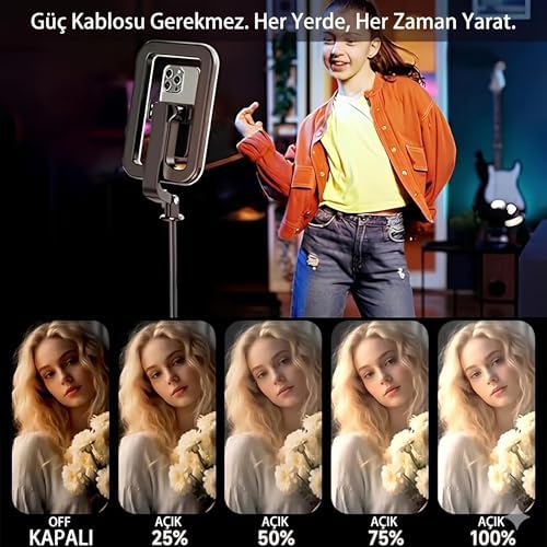 3in1 Şarjlı LED Ring Light Video Işık Seti Telefon Tutucu Bluetooth Kumandalı 20W 2500K-8500K Ayarlanabilir Işık CRI96+ Vlog Canlı Yayın Makyaj Çekim Işığı | RL-200