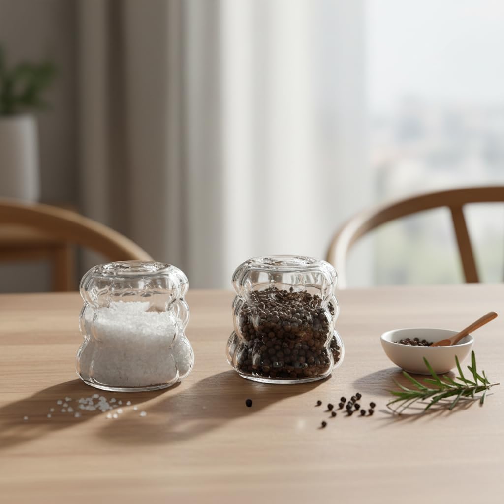 2'li Şeffaf Cam Tuzluk ve Biberlik Seti - Bubble (Küre) Desenli Dolumlu Minimalist Baharatlık (5 cm)