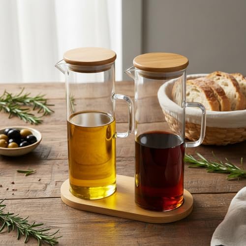 2'li Şeffaf Cam Yağdanlık ve Sirkelik Seti - Bambu Kapaklı ve Özel Standlı Masaüstü Yağlık (190 ml)