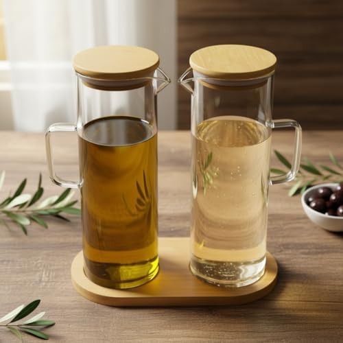 Alternative view of 2'li Şeffaf Cam Yağdanlık ve Sirkelik Seti - Bambu Kapaklı ve Özel Standlı Masaüstü Yağlık (190 ml)