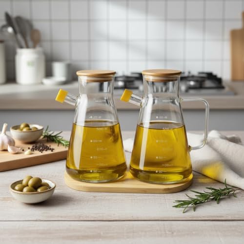 Alternative view of 2'li Büyük Boy Şeffaf Cam Yağdanlık Seti - Bambu Kapaklı ve Standlı Desenli Yağlık Sirkelik (2 x 900 ml)