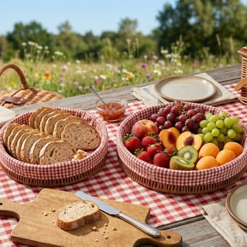 Hasır Yuvarlak Ekmek Sepeti, Kırmızı Beyaz Kareli Kumaş Astarlı, 2'li Set, 25 cm ve 30 cm, Piknik ve Sunum için