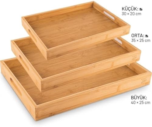 Bambu Servis Tepsisi Seti, Doğal Ahşap, 3'lü Set, Küçük-Orta-Büyük, Kahvaltı ve Sunum için