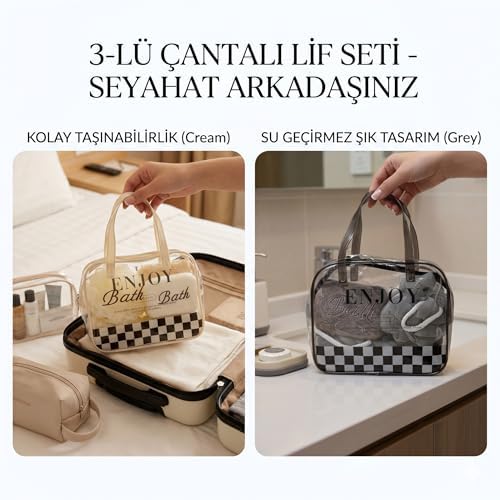 Alternative view of Seyahat Çantalı Lif Seti, 3'lü, Şeffaf Fermuarlı Çanta, Banyo Lifi, Vücut Süngeri, Cream ve Grey Renk Seçenekleri (Krem)