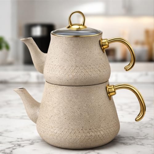 Çaydanlık Seti, Granit Görünümlü Çaydanlık Takımı, Dayanıklı Modern Tasarım, Alt Üst Demlik Seti, Şık Altın Detaylı Çaydanlık