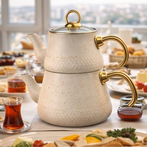 Beyaz Çaydanlık Seti, Granit Görünümlü Altın Detaylı Çaydanlık, Dayanıklı Demlik Takımı, Modern Şık Çaydanlık Seti