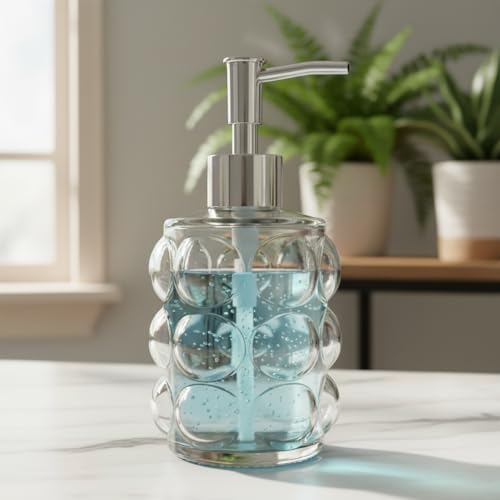 Beyaz Bubble Cam Sıvı Sabunluk - 450 ml Kabartmalı Şık Banyo ve Mutfak Sabunluğu (7x12 cm) (5067 - ŞEFFAF)