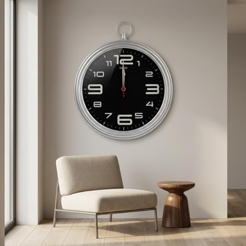 Yuvarlak Duvar Saati, Siyah Kadran, Gümüş Çerçeve, 30 cm, Cep Saati Tasarımı, Kırmızı Saniye Ibresi