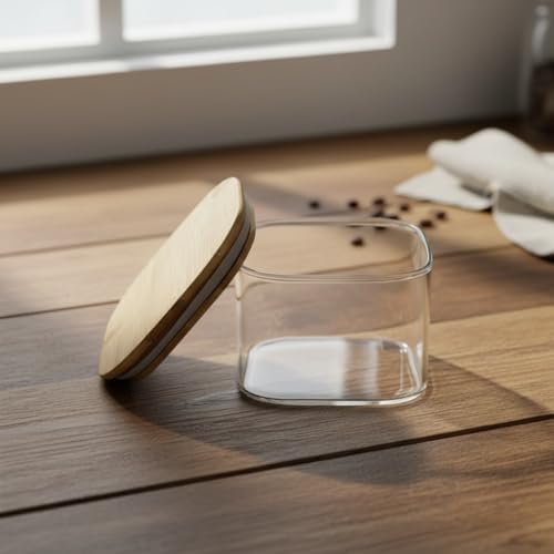 400 ml Bambu Kapaklı Kare Cam Saklama Kabı - Dikey Çizgili Rölyef Desenli Vakumlu Kahvaltılık ve Erzak Kabı (10x10x6 cm)