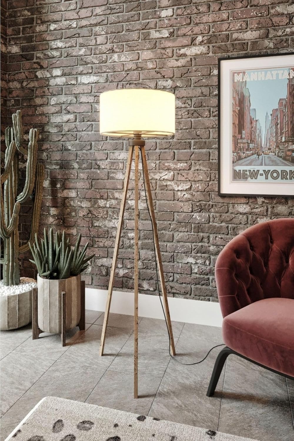 Lambader 3 Ayaklı – Modern Dekoratif Ayaklı Lamba, E27 Duy Uyumlu, MDF Ahşap Ayaklı Salon ve Yatak Odası Aydınlatma (Kahverengi, 120 cm)