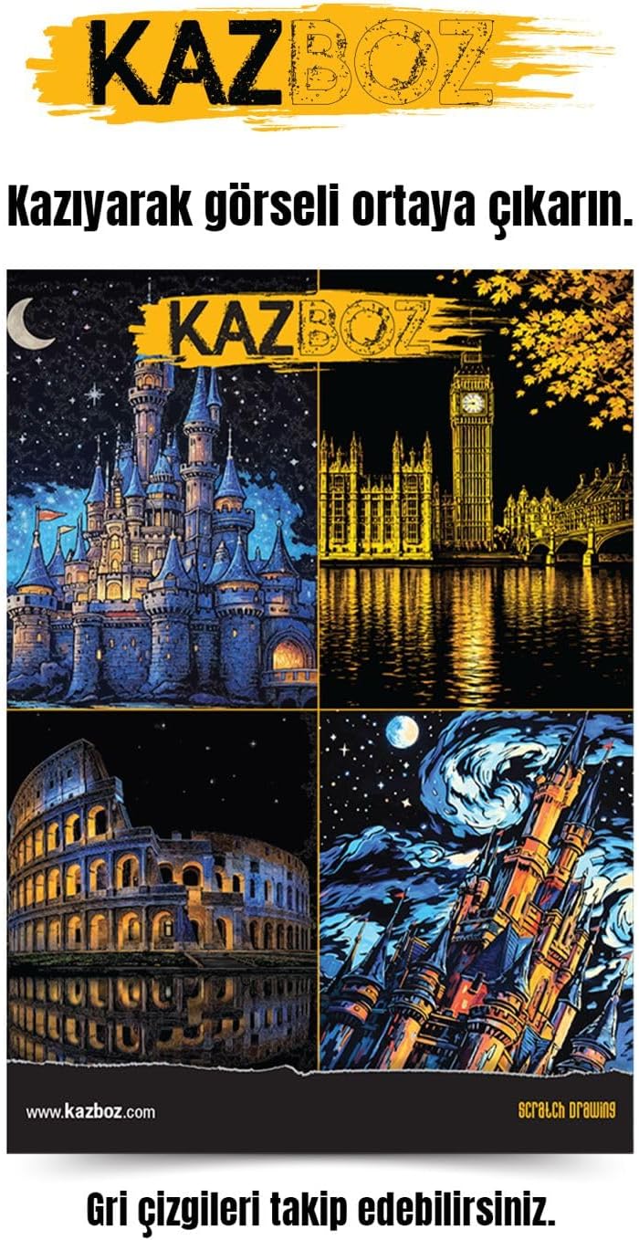 Kazboz Kazıma Sanatı Seti, ve Tarihi Yapılar Temalı, 20x28.5 cm, 4 Farklı Tasarım