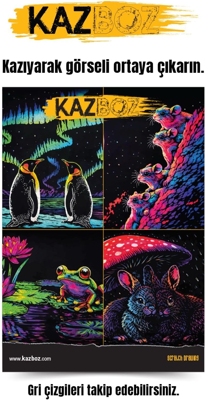 Alternative view of Kazboz Kazıma Sanatı Seti, Hayvanlar Temalı, Kağıt, 205x290 mm, Ahşap Kalem Dahil