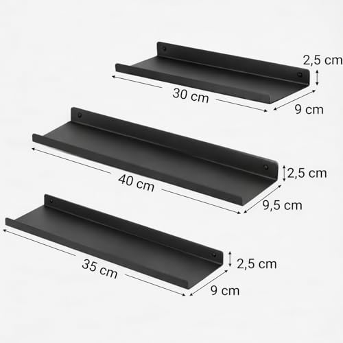 3’lü Metal Duvar Rafı Yapışkanlı Raf Seti Banyo Rafı Mutfak Rafı Dekoratif Duvar Rafı Siyah Minimal Raf Organizer Seti 30-35-40 cm
