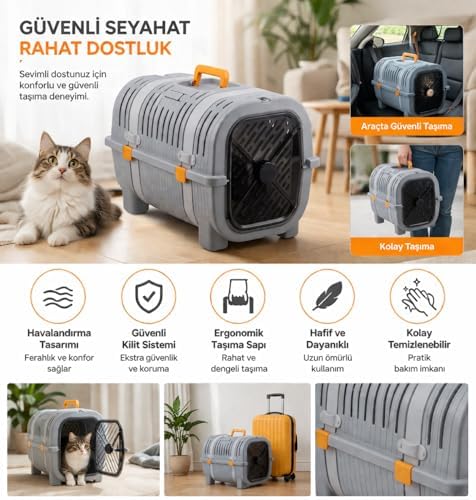 Alternative view of Kedi Taşıma Çantası Plastik Kafes Kilitlenebilir Kapaklı Havalı Taşıma Kabı Kedi Köpek Taşıma Box Güvenli Pet Taşıma Kafesi Seyahat Çantası (Gri-Turuncu)