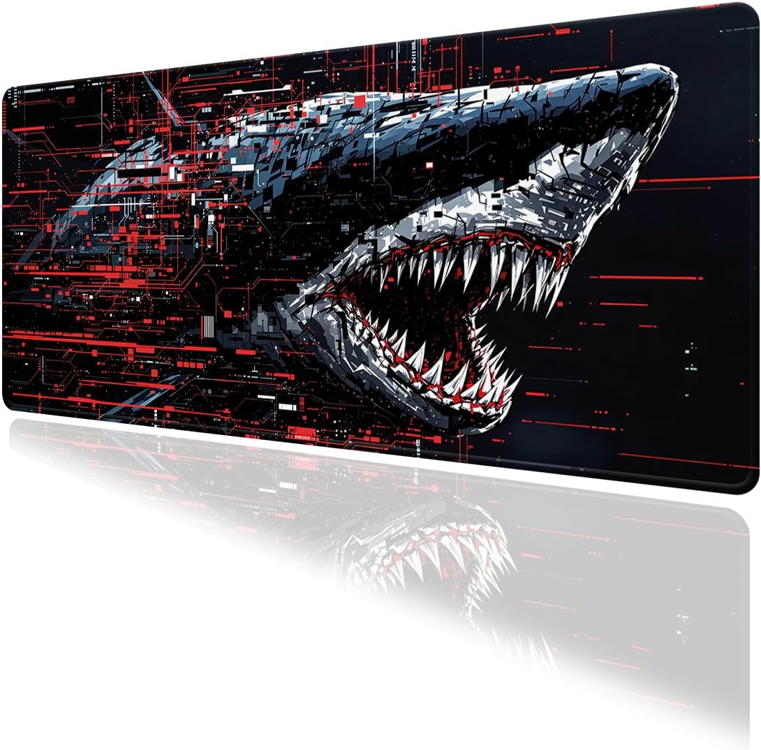 Dijital Art Köpekbalığı Temalı Oyun Gaming Klavye Mouse Pad Masa Matı 70x30cm Kaymaz Kauçuk Taban Dikişli Kenar