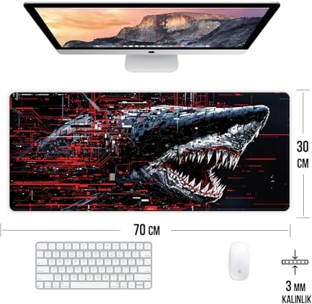 Alternative view of Dijital Art Köpekbalığı Temalı Oyun Gaming Klavye Mouse Pad Masa Matı 70x30cm Kaymaz Kauçuk Taban Dikişli Kenar