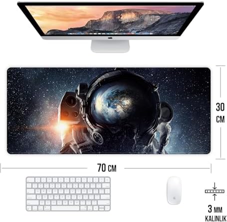 Uzay ve Astronot Temalı Oyun Gaming Klavye Mouse Pad Masa Matı 70x30cm Kaymaz Kauçuk Taban Dikişli Kenar