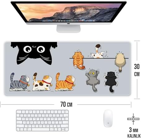 Yaramaz Kediler Oyun Gaming Klavye Mouse Pad Masa Matı 70x30cm Kaymaz Kauçuk Taban Dikişli Kenar