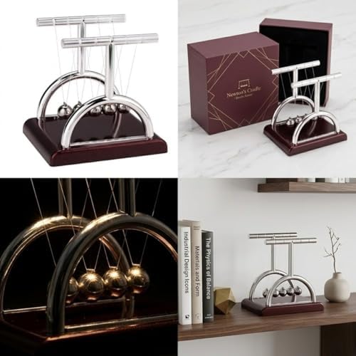 Newton Sarkacı, Krom Kaplı Çelik Toplar, Ahşap Tabanlı, 20x20 cm, Masa Dekoru, Fizik Deneyi Oyuncağı