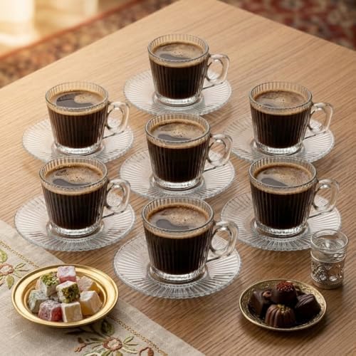 6’lı Cam Kahve Fincanı Seti Çizgili Desenli Şeffaf Fincan ve Tabak Takımı 8 cm Espresso Türk Kahvesi Sunum Seti